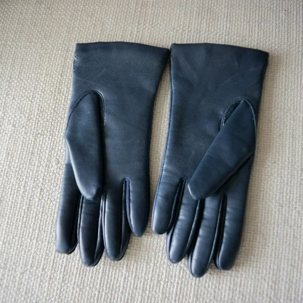 Vintage Navy Vinyl Leather Winter Retro Embossed Lined Women's Gloves